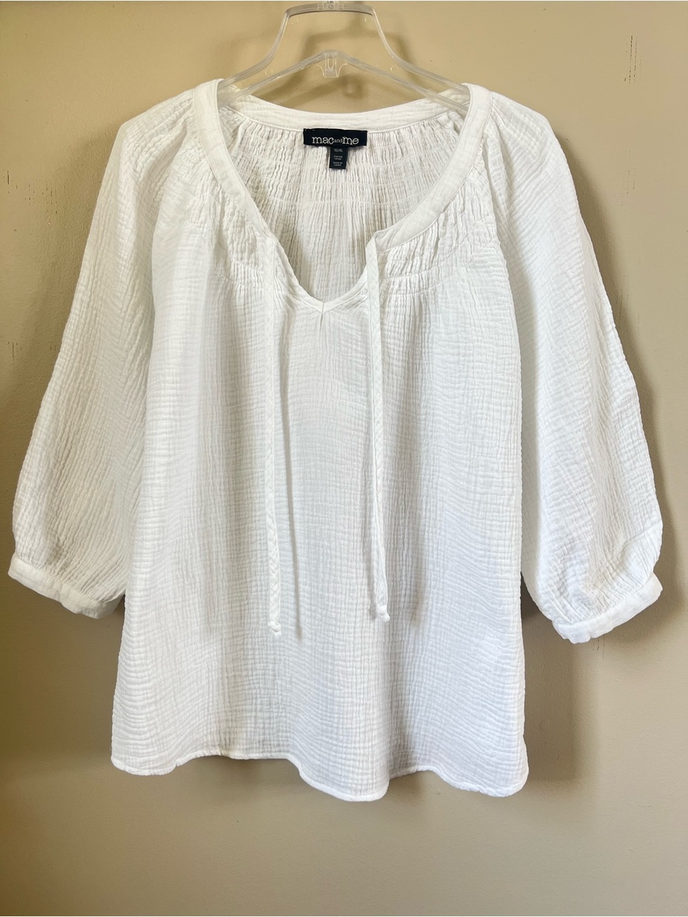 Mac and Me White Cotton Gauze Tie Neck Peasant Blouse 1X Boho Coastal 3/4 Sleeve - Picture 3 of 16